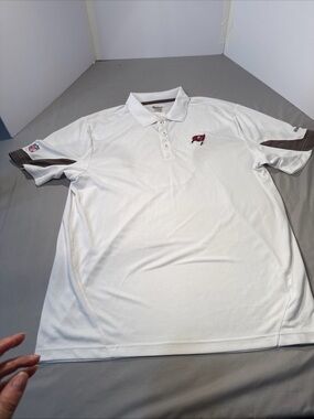 Reebok White Polo with Red Buccaneers Patch and Gray Sleeve Accents